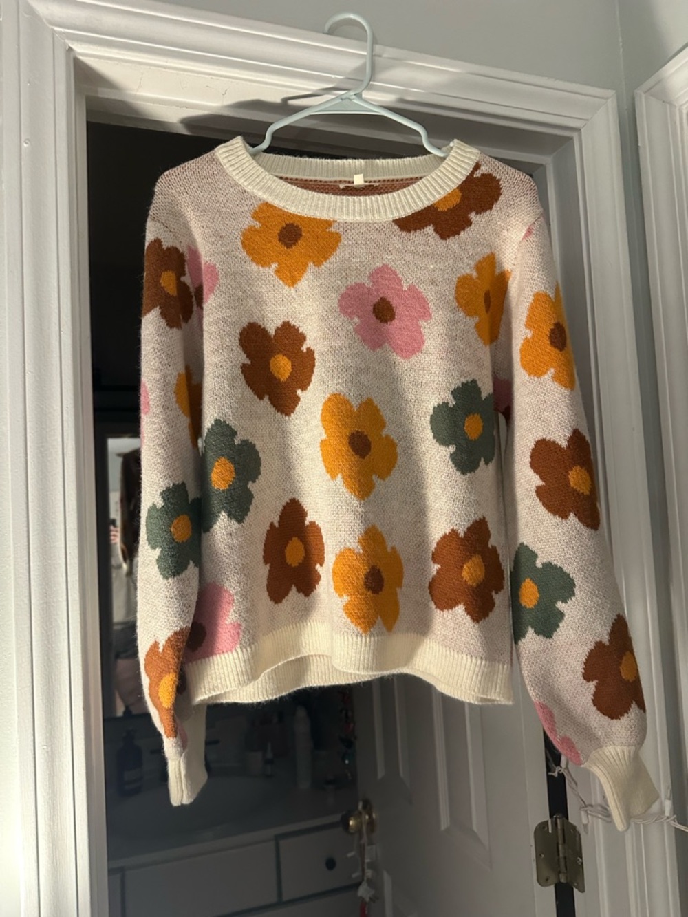 JODIFL Cream Floral Crewneck Sweater with Mustard, Rust, Pink & Olive Flowers